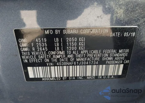 2018 Subaru Legacy 2.5I Premium z USA, uszkodzony, nr VIN 4S3BNAF61J3041734